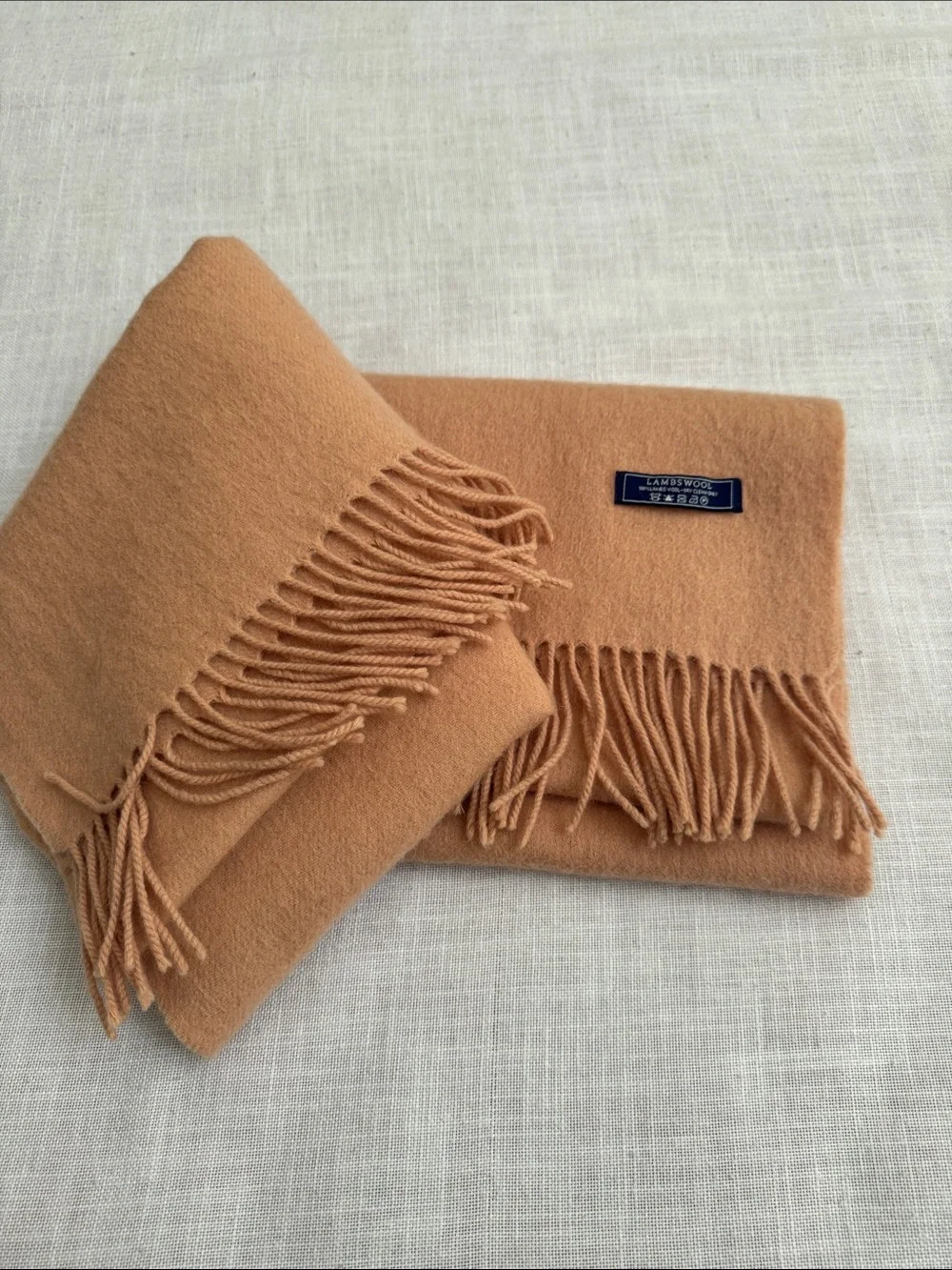 Camel Fringed LambsWool Throw Shawl Oversized Scarf 27”x76”